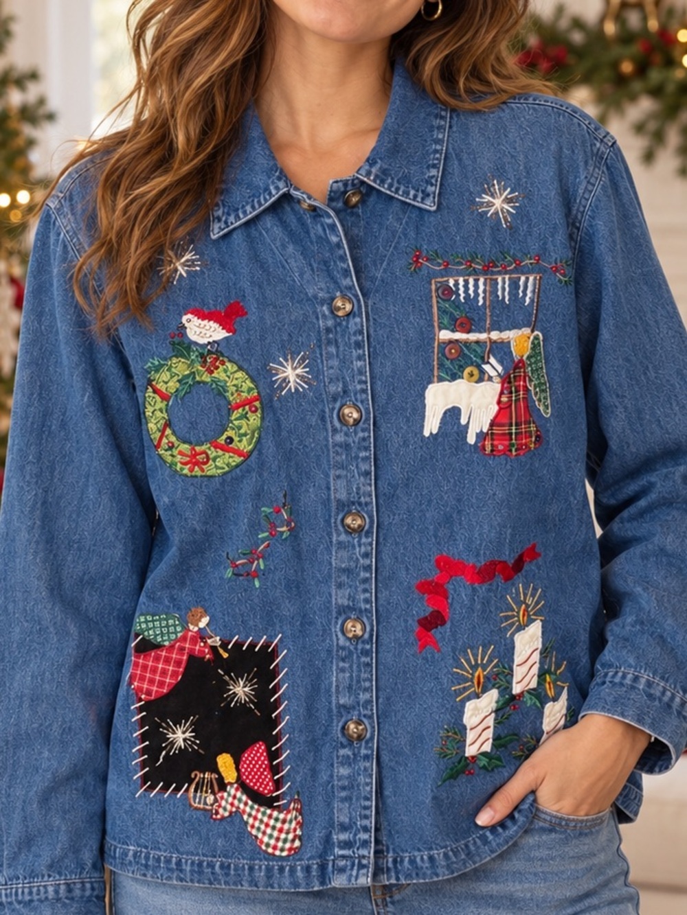 Vintage Victoria Jones Christmas Denim Shirt Embroidered Applique M